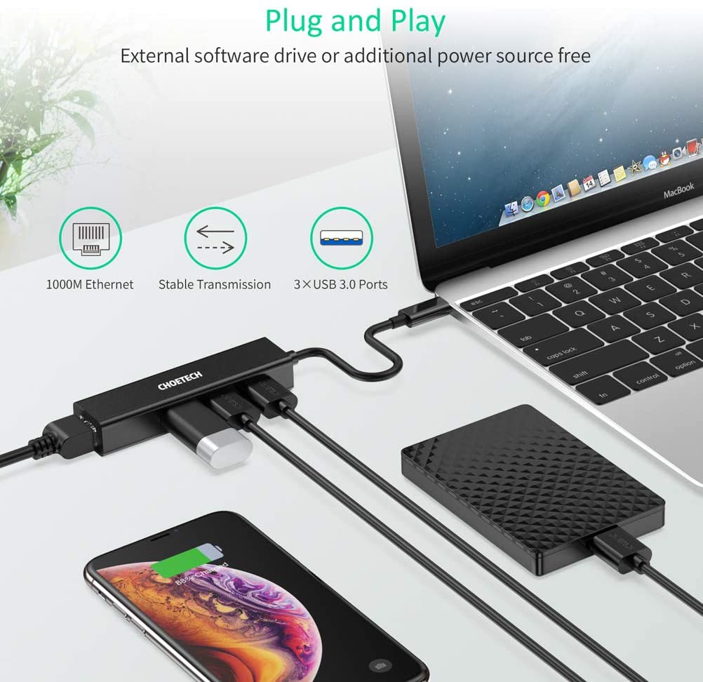 Hub Adaptador 4 en 1 (LAN+USB 3.0) a Tipo C, HUB-U02
