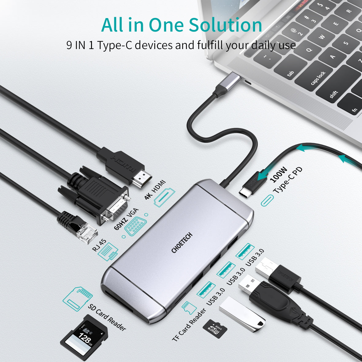 Hub Adaptador 9 en 1 (HDMI+VGA+LAN+USB 3.0+SD/TF+PD100W), HUB-M15